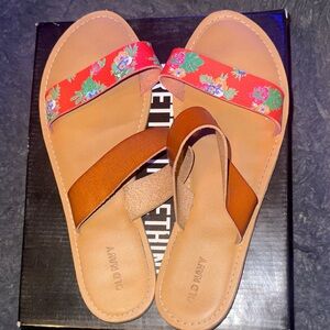 Old Navy Red Floral and Brown Cross-Strap Slide Sandals